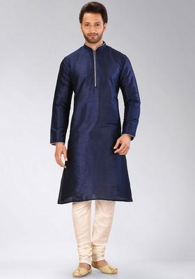 Navy Blue Solid Art Silk Kurta For Men