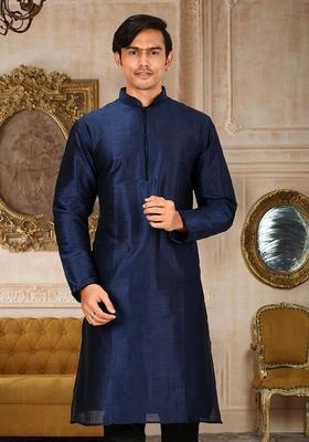 Navy Blue Solid Art Silk Kurta For Men