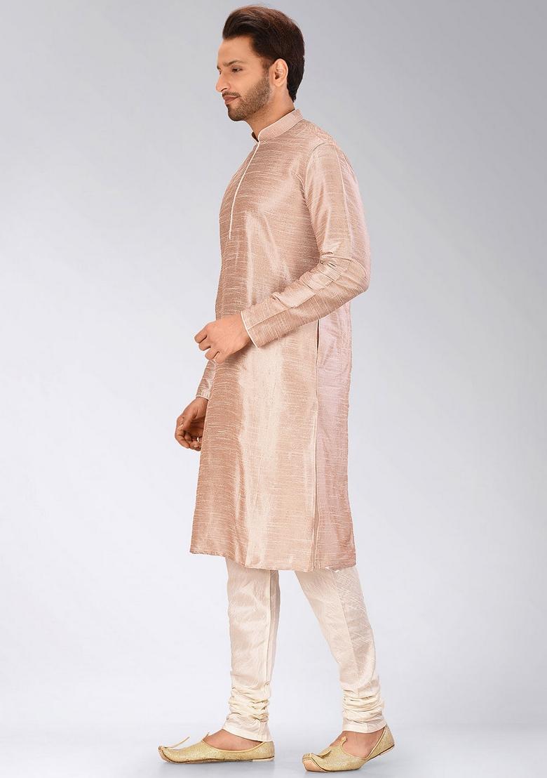 Light Brown Solid Art Silk Kurta For Men