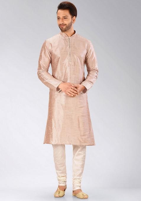 Light Brown Solid Art Silk Kurta For Men