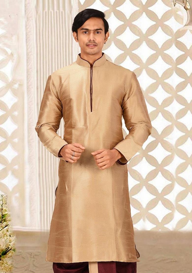 Chikoo Brown Solid Art Silk Kurta For Men