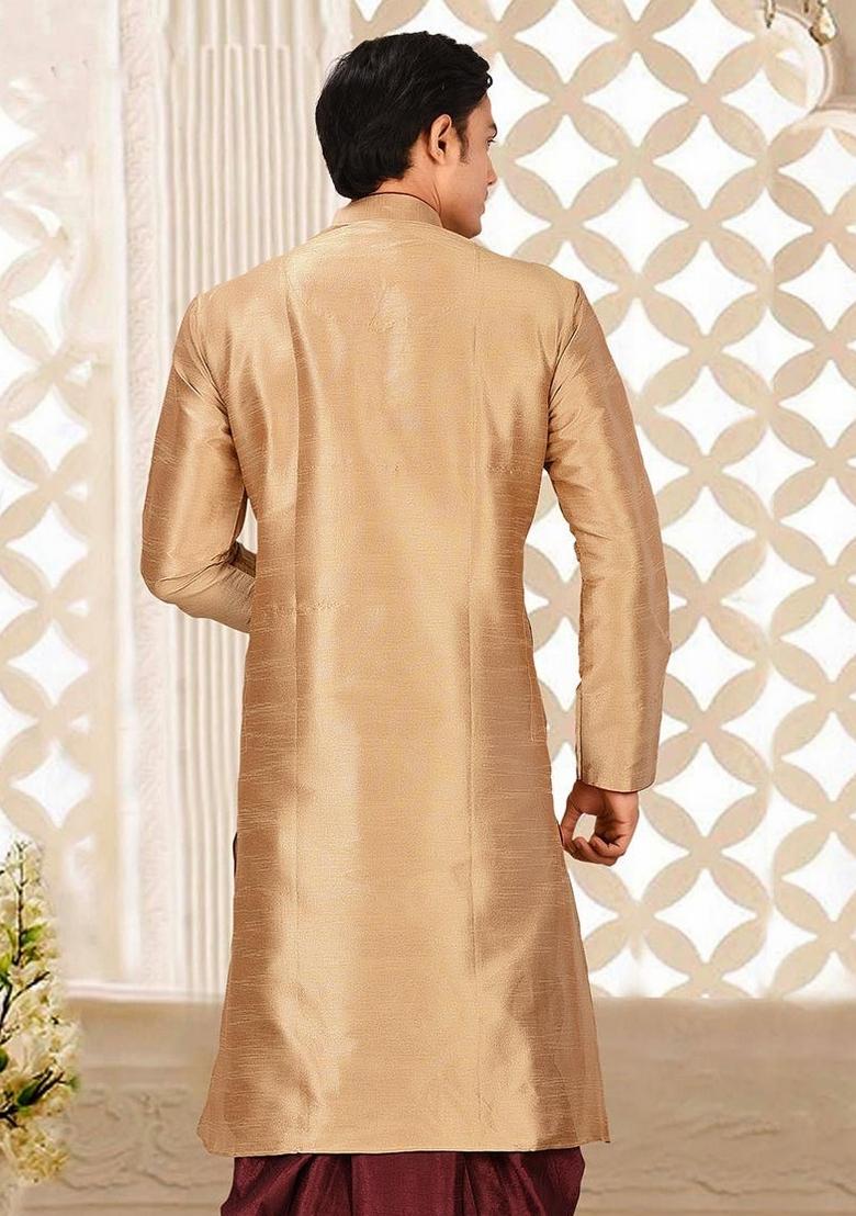 Chikoo Brown Solid Art Silk Kurta For Men