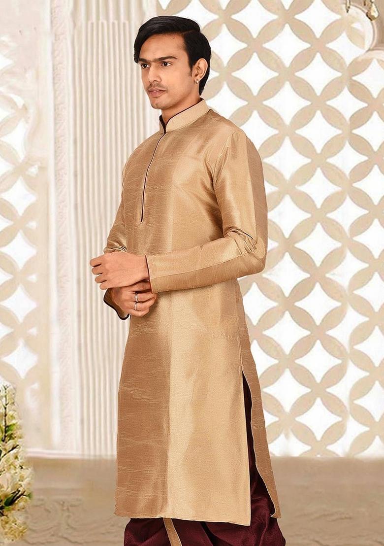 Chikoo Brown Solid Art Silk Kurta For Men