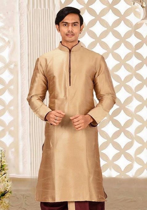 Chikoo Brown Solid Art Silk Kurta For Men