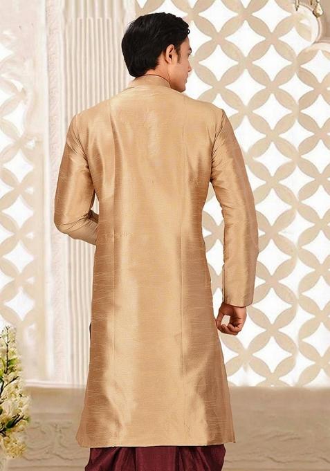 Chikoo Brown Solid Art Silk Kurta For Men