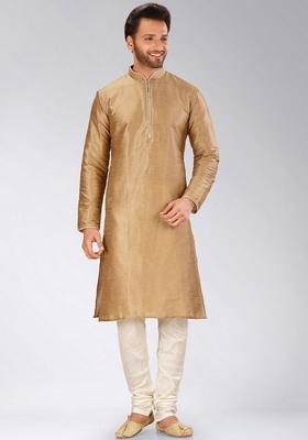 Chikoo Brown Solid Art Silk Kurta For Men