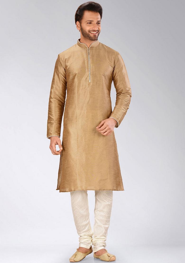 Chikoo Brown Solid Art Silk Kurta For Men