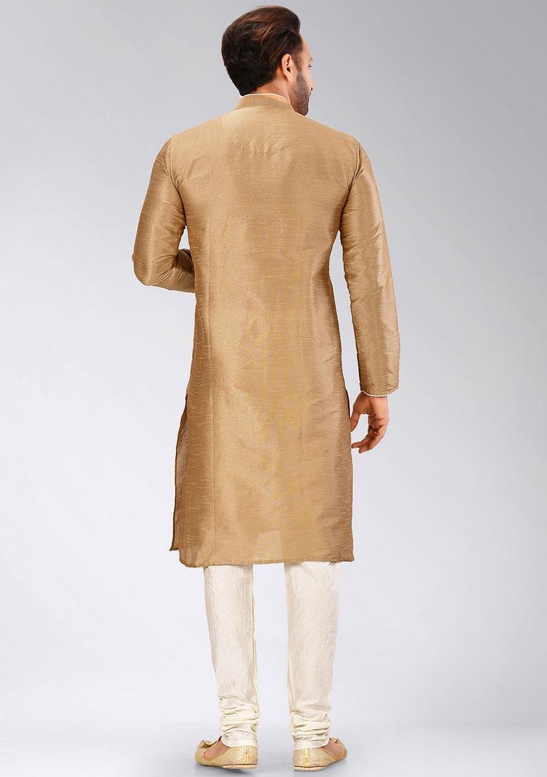 Chikoo Brown Solid Art Silk Kurta For Men - Indya
