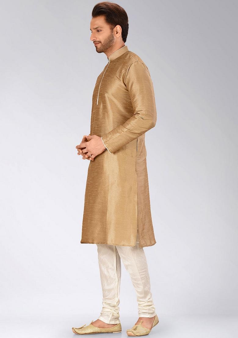 Chikoo Brown Solid Art Silk Kurta For Men