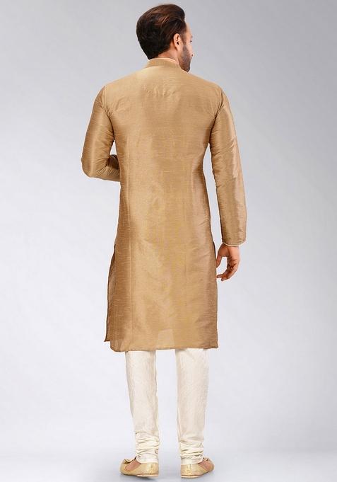 Chikoo Brown Solid Art Silk Kurta For Men