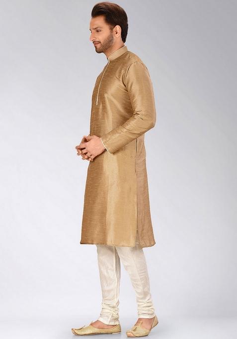 Chikoo Brown Solid Art Silk Kurta For Men