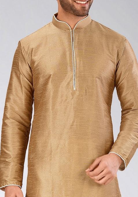 Chikoo Brown Solid Art Silk Kurta For Men