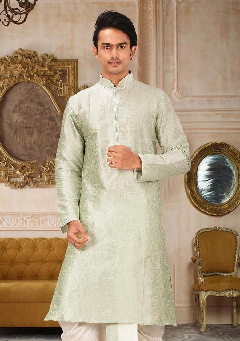 Sea Green Solid Art Silk Kurta For Men