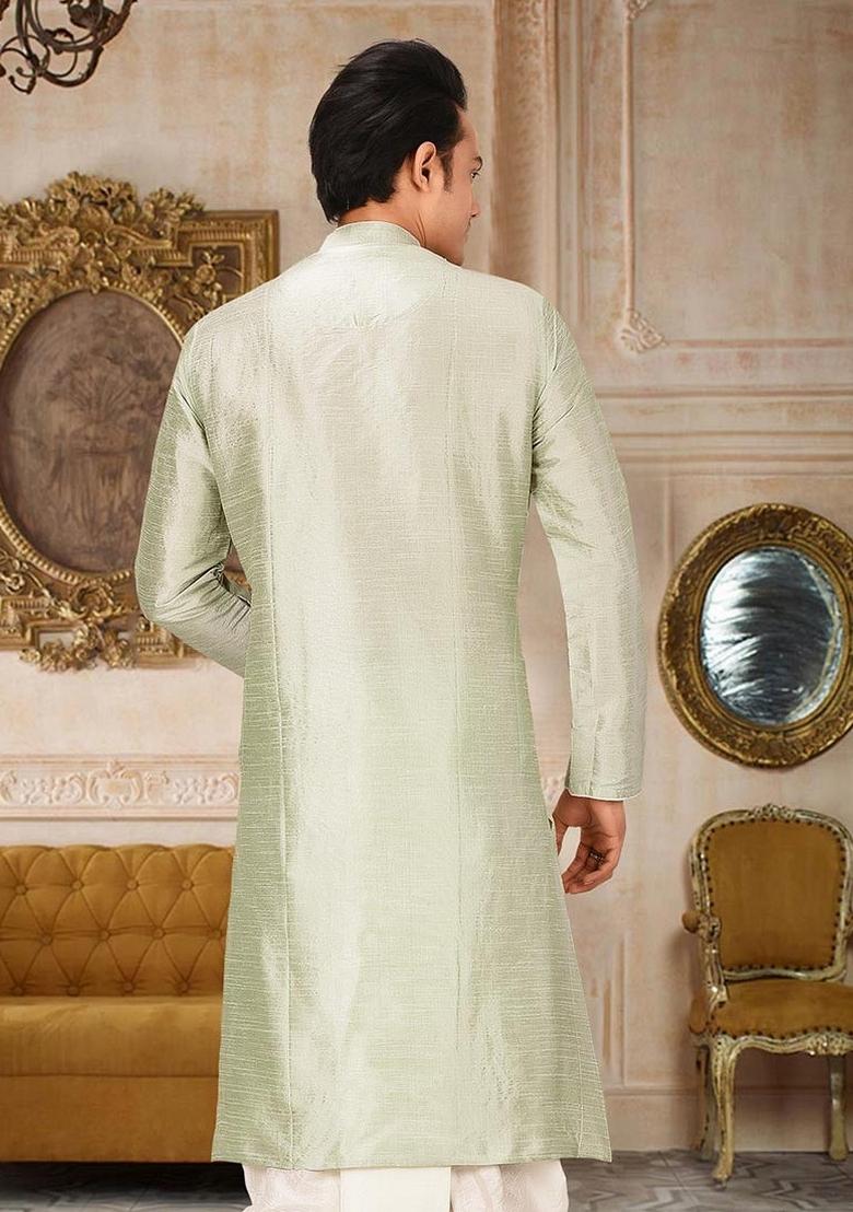 Sea Green Solid Art Silk Kurta For Men