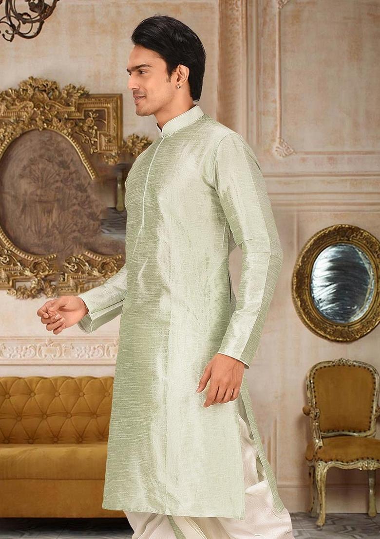 Sea Green Solid Art Silk Kurta For Men