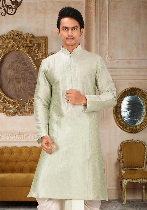 Sea Green Solid Art Silk Kurta For Men