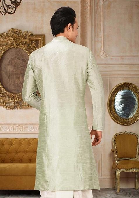 Sea Green Solid Art Silk Kurta For Men