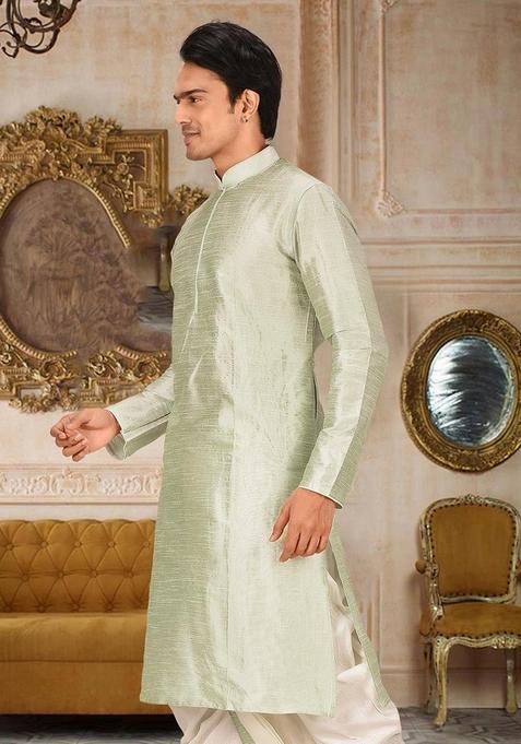 Sea Green Solid Art Silk Kurta For Men