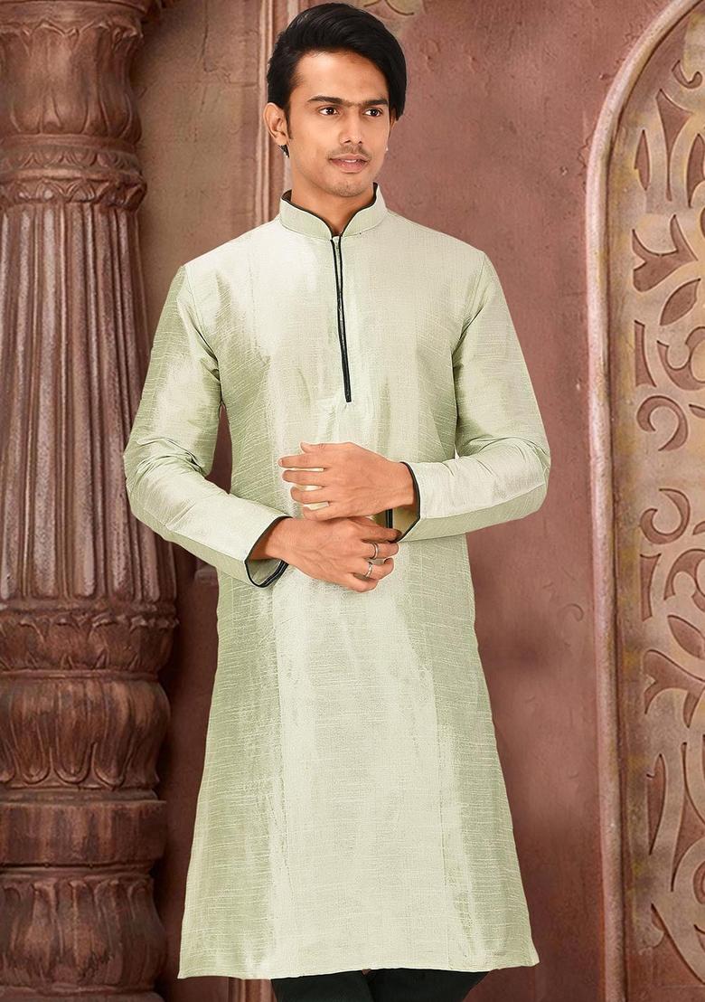 Sea Green Solid Art Silk Kurta For Men