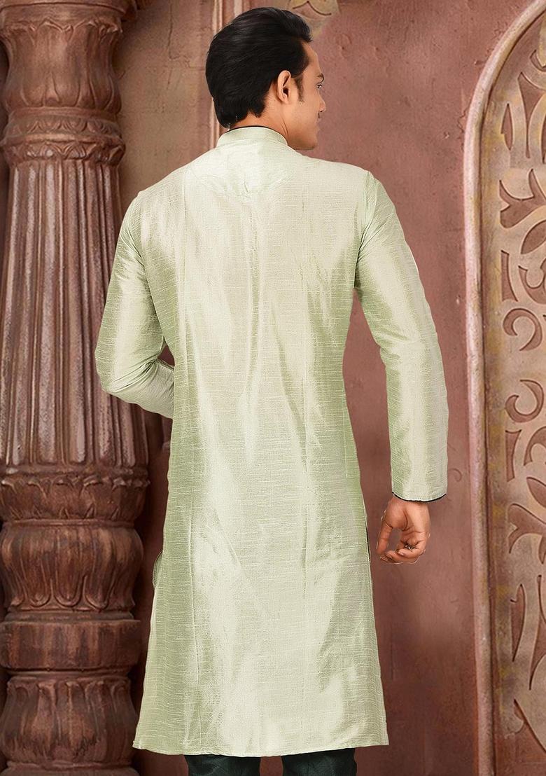 Sea Green Solid Art Silk Kurta For Men