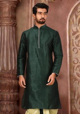 Rama Green Solid Art Silk Kurta For Men