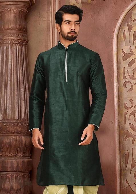 Rama Green Solid Art Silk Kurta For Men