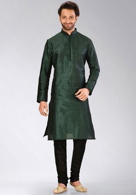 Rama Green Solid Art Silk Kurta For Men