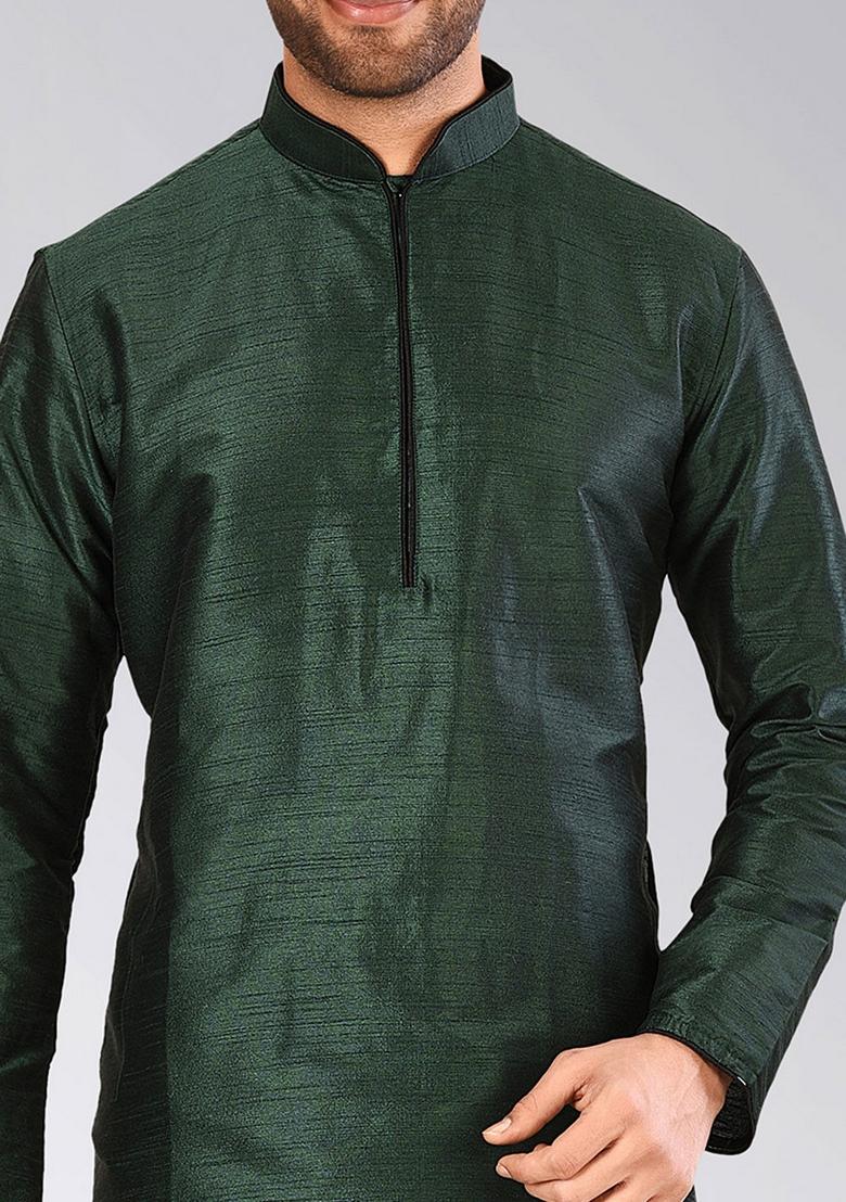 Rama Green Solid Art Silk Kurta For Men