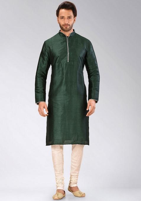 Rama Green Solid Art Silk Kurta For Men — view on Indya