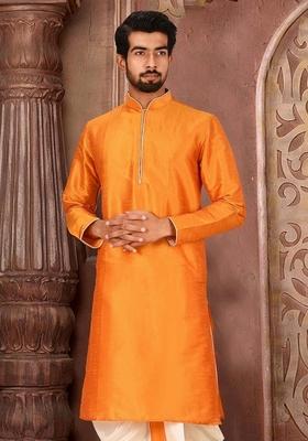 Mustard Yellow Solid Art Silk Kurta For Men