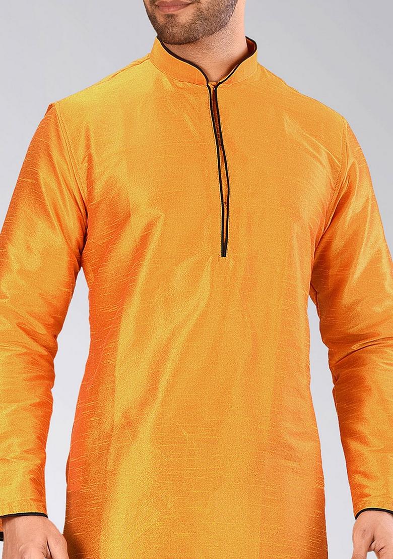 Mustard Yellow Solid Art Silk Kurta For Men - Indya