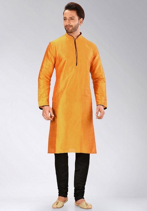 Mustard Yellow Solid Art Silk Kurta For Men — view on Indya