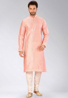 Pink Solid Art Silk Kurta For Men