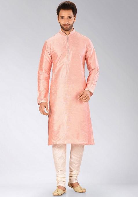Pink Solid Art Silk Kurta For Men — view on Indya