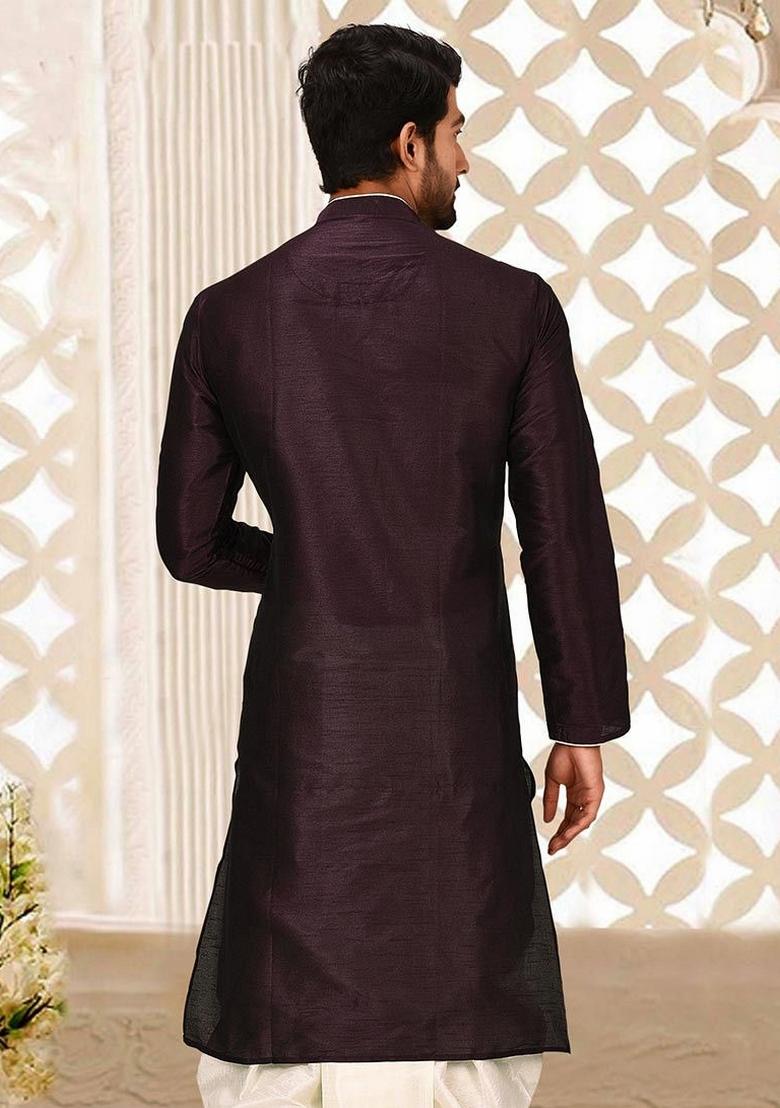 Maroon Solid Art Silk Kurta For Men