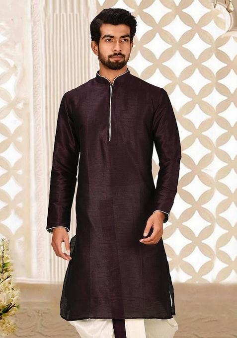 Maroon Solid Art Silk Kurta For Men