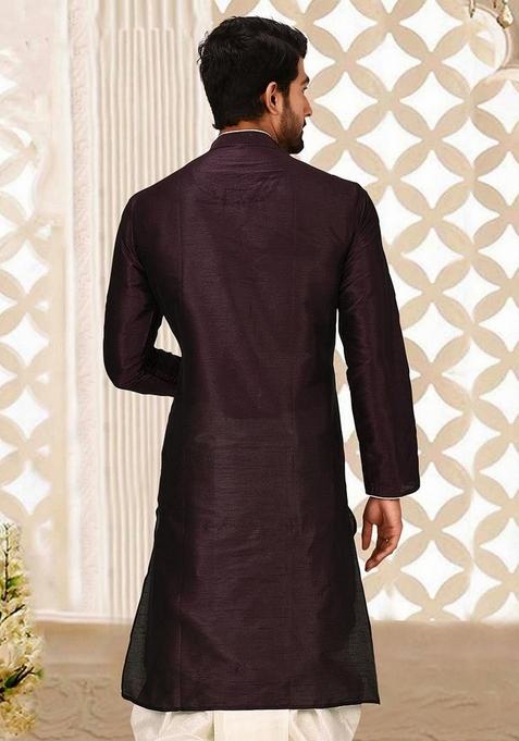 Maroon Solid Art Silk Kurta For Men