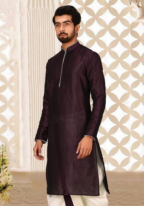 Maroon Solid Art Silk Kurta For Men