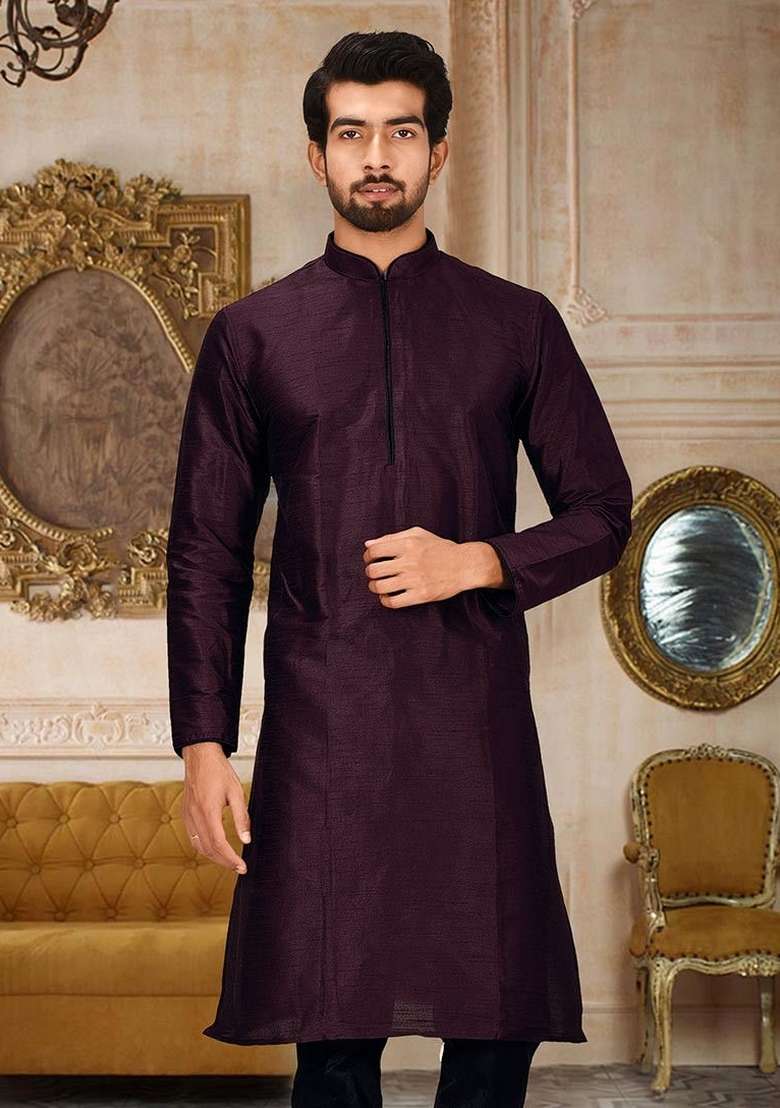 Maroon Solid Art Silk Blend Kurta For Men - Indya