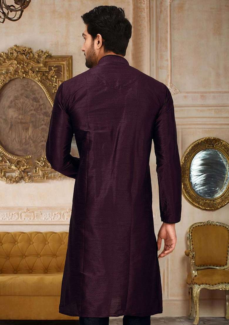 Maroon Solid Art Silk Blend Kurta For Men - Indya
