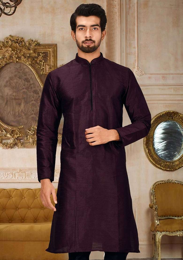 Maroon Solid Art Silk Blend Kurta For Men - Indya