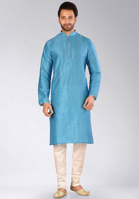 Firozi Solid Art Silk Kurta For Men