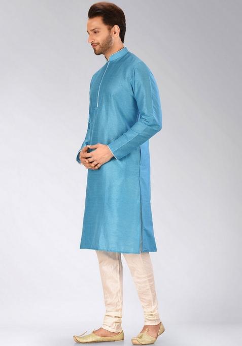 Firozi Solid Art Silk Kurta For Men