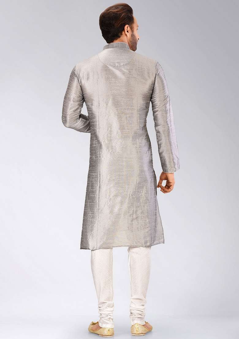 Grey Solid Art Silk Blend Kurta For Men - Indya