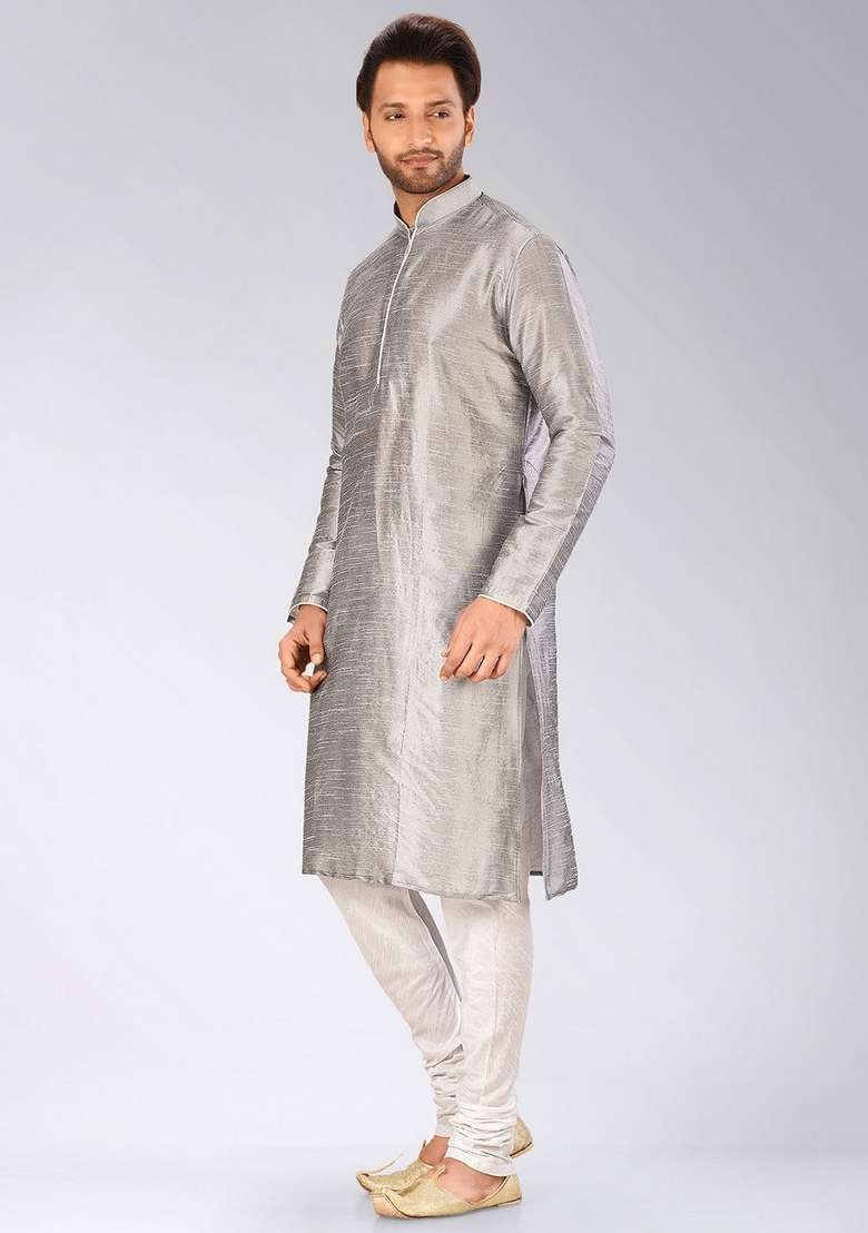 Grey Solid Art Silk Blend Kurta For Men - Indya
