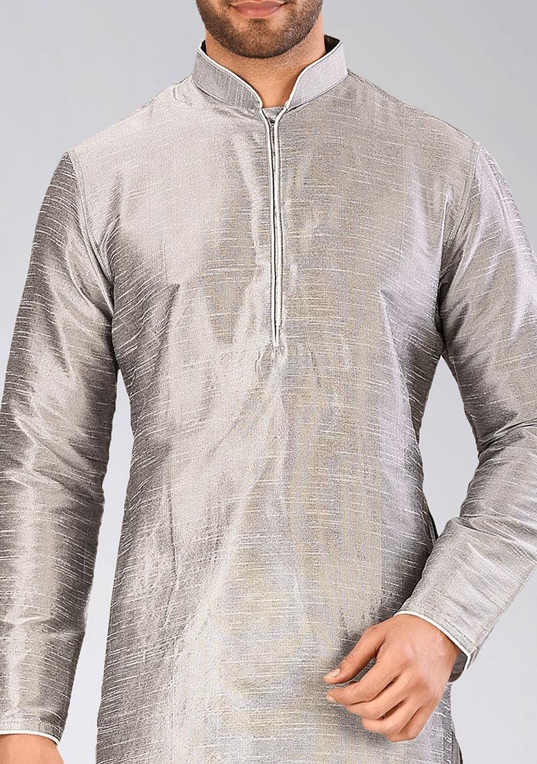Grey Solid Art Silk Kurta For Men - Indya