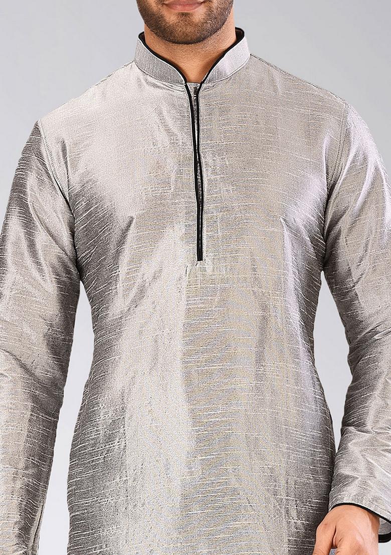 Grey Solid Art Silk Kurta For Men - Indya