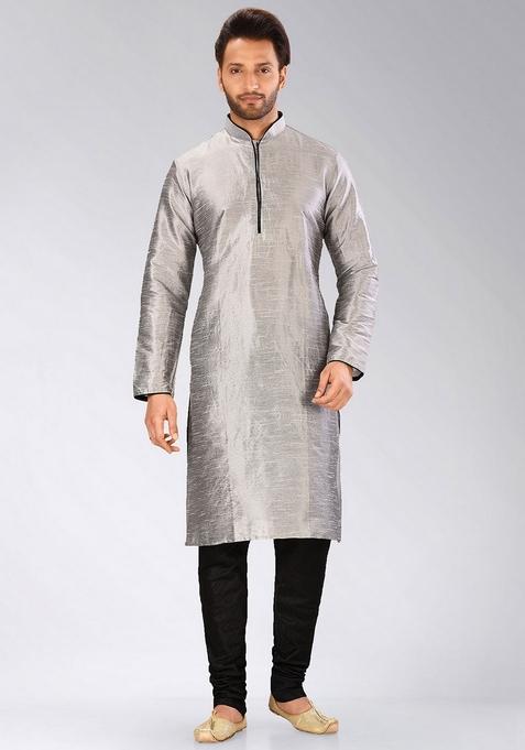 Grey Solid Art Silk Kurta For Men