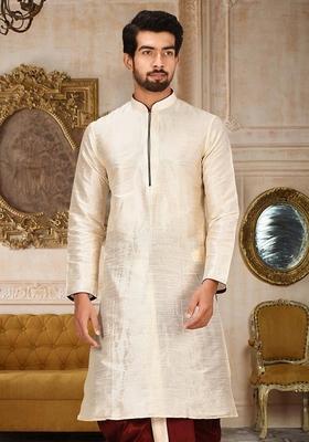 Deep Cream Solid Art Silk Kurta For Men