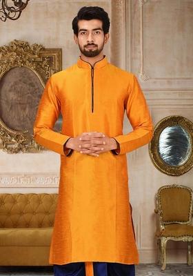 Mustard Yellow Solid Art Silk Kurta For Men